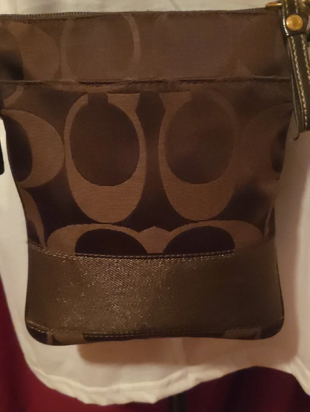 Coach Brown Signature Messenger Crossbody with Gold-Tone Hardware.